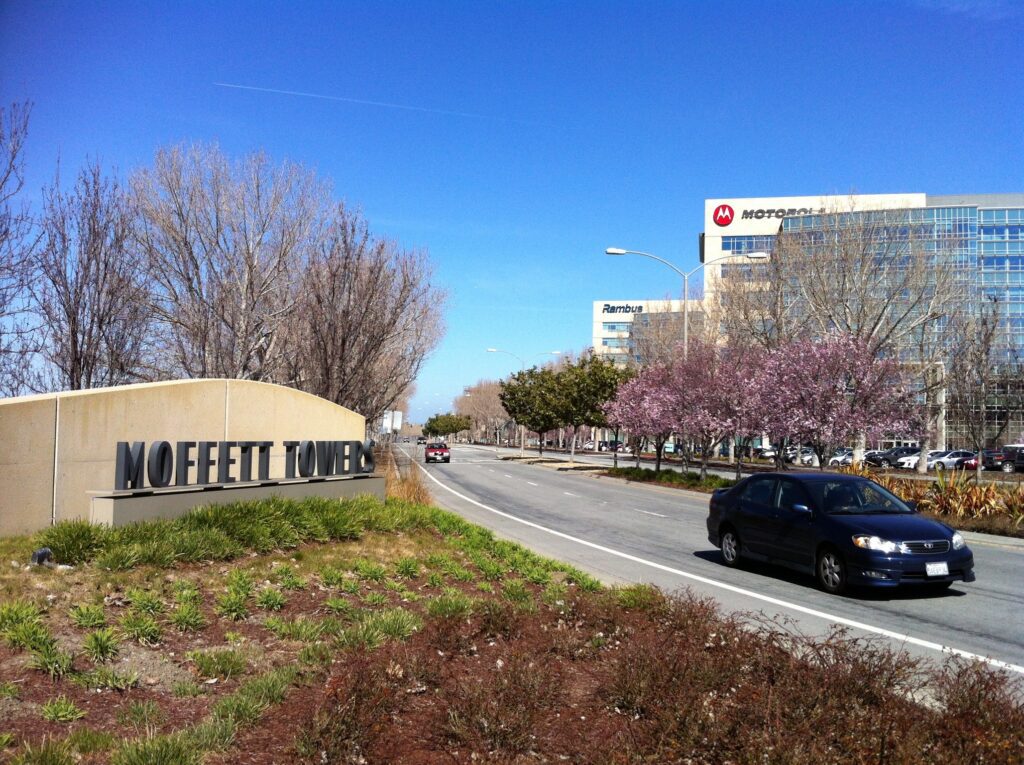 Urban street with corporate campus office buildings